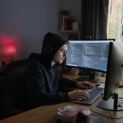 Prompt: A young hacker, programmer alone in his room