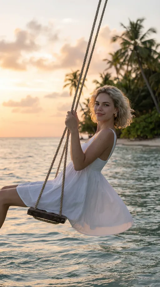 Prompt: Ultra-realistic tropical island at vibrant golden sunset. Natural coral, peach, and warm amber tones in the sky with soft cloud texture. Realistic sunset dynamic range — no artificial glow, no fantasy saturation.
Multiple palm trees layered in the background with natural depth and slight atmospheric softness. Ocean extending toward horizon with realistic wave texture and subtle surface variation.
A structurally believable wooden swing hanging from two thick natural fiber ropes securely wrapped around the leaning palm tree. Ropes evenly tensioned and angled backward from motion.
She is mid-swing moving outward toward the ocean. Positioned slightly higher above the water — about 1–2 feet clearance between her feet and the surface. Seat clearly elevated.
Camera slightly closer and eye-level to her face. She turns her head naturally toward the camera with relaxed, confident eye contact. Soft natural smile — subtle, effortless.
She wears a flowing white cotton luxury mini dress above the knees. High-quality. Fabric moves gently from swing motion but remains clean and weighted — no exaggerated tail or floating.
Natural skin texture visible. Slight wind variation in hair strands. Realistic shadow under the swing seat and beneath her feet on the water surface.
Shot on DSLR, 50mm portrait lens, true-to-life color grading, realistic contrast, sharp but not overprocessed. Luxury travel editorial aesthetic.
⸻
🚫 NEGATIVE PROMPT
CGI smooth skin, artificial glow, hyper-saturated sunset, neon sky, exaggerated fabric tail, floating dress, stiff hair, plastic texture, flat lighting, over-sharpened edges, unrealistic rope tension, low hanging swing, feet touching water