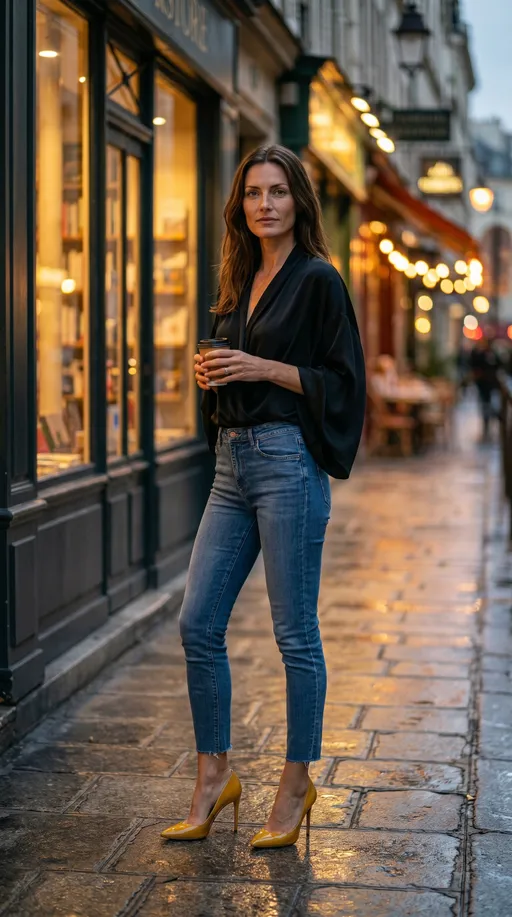 Prompt: Ultra-realistic cinematic street portrait outside a romantic Paris bookstore at dusk, woman wearing a silky black draped blouse with elegant loose sleeves and soft open neckline, medium-wash raw-hem skinny jeans, glossy yellow pointed stilettos, holding a small coffee cup while standing beside glowing bookstore windows, warm bokeh lights, cobblestone street reflections after light rain, natural relaxed expression, cinematic moody lighting, shot on 50mm lens, shallow depth of field

Negative Prompt:
no blazer, no sweaters, no black jeans, no ripped denim, no smiling, no exaggerated makeup, no officewear, no stiff fabrics, no cheap satin, no fake skin, no plastic texture, no crowds, no distorted anatomy