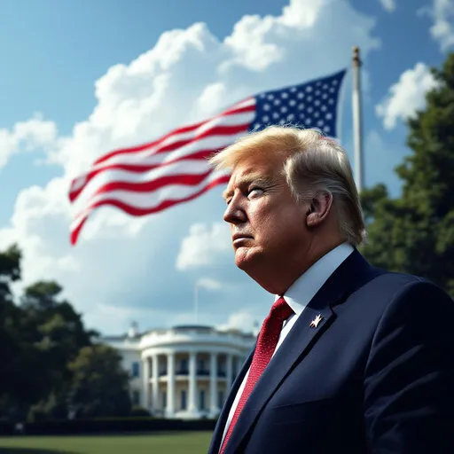Prompt: Set against a backdrop of the iconic White House and a waving American flag, a figure resembling a political leader Donald Trump stands resolutely, gazing thoughtfully into the distance. The sky overhead is bright with fluffy white clouds, suggesting a serene day. 