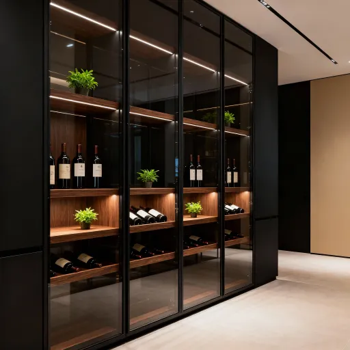 Prompt: the minimalist glass encased wine cellar. black brown and beige colors. modern luxury. a few plants.  