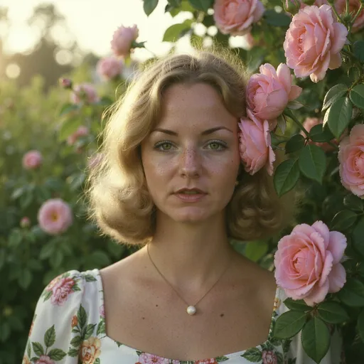 Prompt: draw @pAKfZZYptsisKVP5O3uC with green eyes in illustrative Alphonse Mucha Style. Her face is bathed in soft light  and the sun is creating a soft halo around her from behind. She is in a flower garden of climbing roses