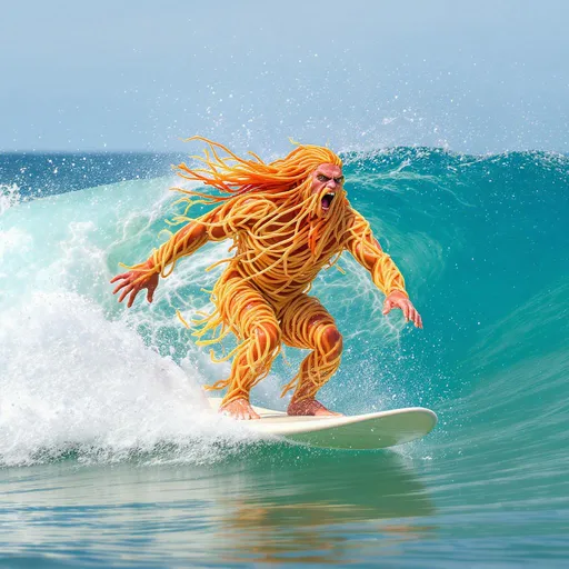 Prompt: Yetti spaghetti goes surfing 