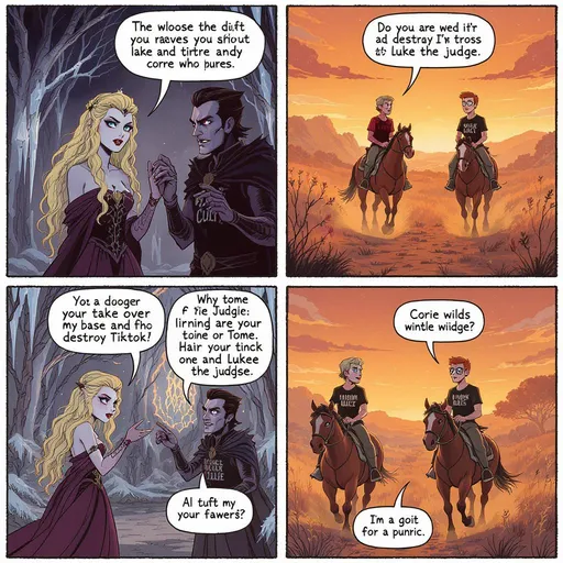 Prompt: An evil queen with ice long blonde hair teams up with the delusive villian with short ginger hair wearing a tshirt that says delusive cult. They talk about how they are going to take over tiktok and destroy corie wilde and Luke the judge. Meanwhile Corie who has short dark brown hair and a little big boned and Luke the judge who has short blonde hair which is combed over one side and skinny with glasses are ridging on horses in the sunset going for a picnic 