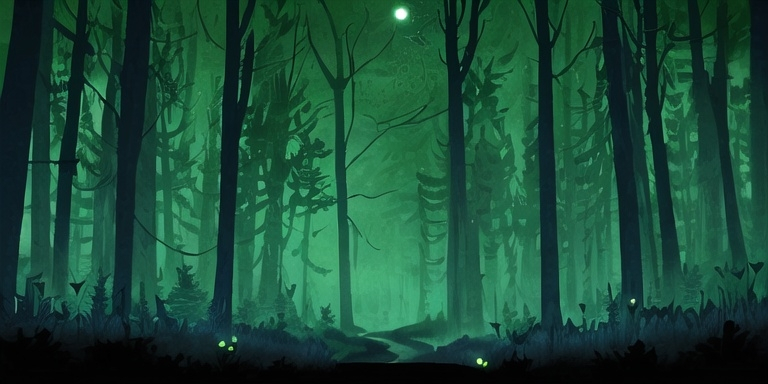 Prompt: A forest  in the sunset dark blue and the grass ar a mixt of dark green and green , with red moshroom , tall tree of diferent form ,surrounded by fireflies, a half moon on the right of the landscape and in the midle of forest a dirt road