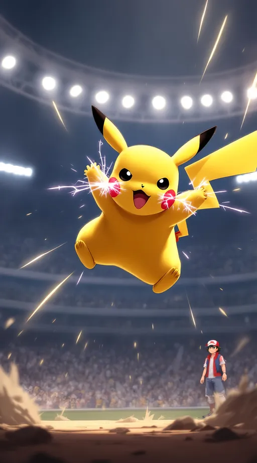 Prompt: Pikachu jumping into battle with sparks emitting from his cheeks. Ash ketchum can be seen in the background.
Setting is a battle stadium with a full crowd.
Realistic anime style, Ambient lightning, only one Pikachu and one Ash.
Pikachu has a battle ready face
No lightning in the front random places.
Ash is wearing classic Ash outfit.