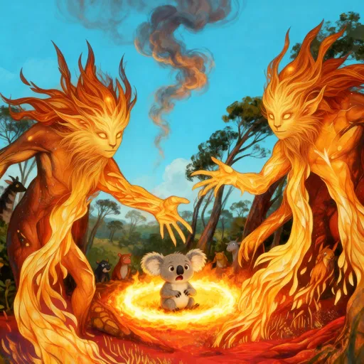 Prompt: Whimsical children’s book illustration of fiery nymphs sweeping through a dark forest, surrounding a frightened baby koala in a glowing ring of fire. Smoke curls into the sky, trees bend away from the heat, worried animals peek from afar. Bright painterly colors, semi-realistic cartoon style, magical but not too scary, suitable for ages 4–8.