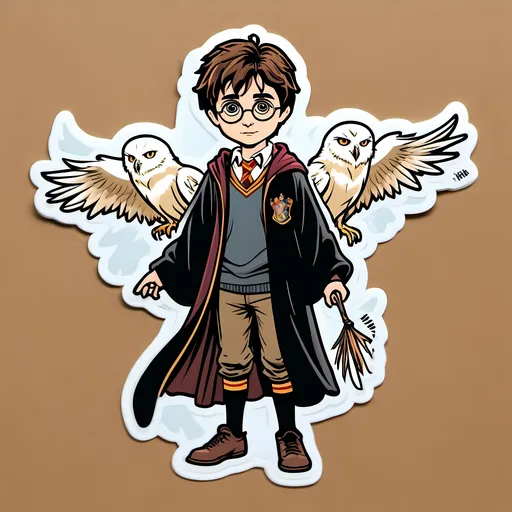 Prompt: Young Harry in Hogwarts uniform standing with hegwid siting on Harry's shoulder.and it should be completely cropped in sticker form