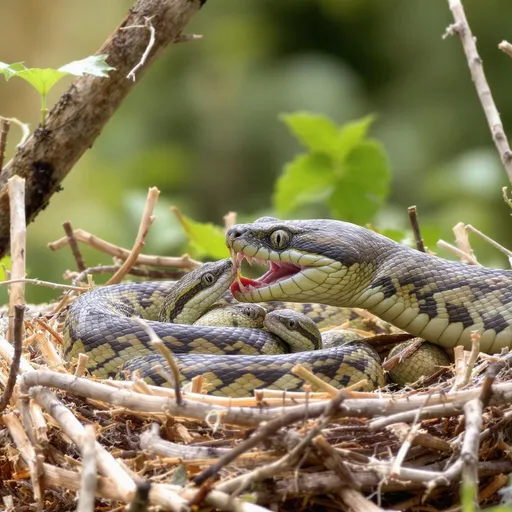 Prompt: Make me a humanized video for facebook where a snake is trying to eat bird's nestlings but the mother bird is trying to protect them. The setting will be natural and the light effect will also be natural. It will be day light. No extra effect. It will be believable.