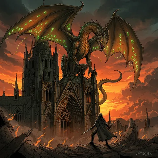 Prompt: “A majestic dragon perched atop a shattered cathedral at sunset, its scales glinting like molten gold and emerald. Ancient runes glow faintly along its wings, trailing wisps of magic. Below, a female cloaked hero stands defiantly among the rubble, sword raised look up at dragon . The sky swirls with storm clouds and embers. Style: dramatic comic book ink lines with painterly lighting, cinematic composition, rich shadows and dynamic action framing.”