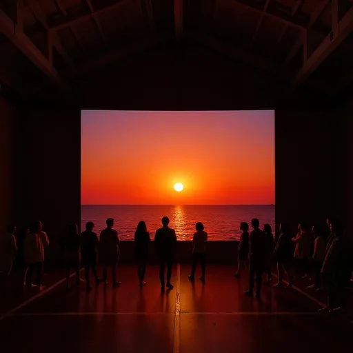 Prompt: 
Exhibition “Third Breath” immerses in a world of emotions and feelings — and it is impressive.
Pic of big screen in the dark room, and it is wonderful sunset and see on this screen. And a lot of visitors in the room
