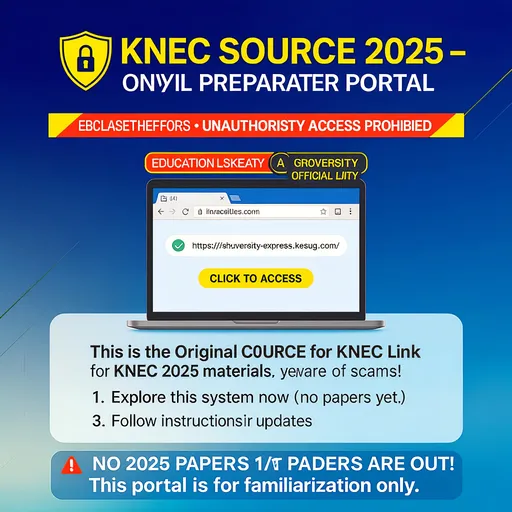 Prompt:  :

---

### **"KNEC SOURCE 2025 – OFFICIAL PORTAL"**  
*(Poster Size: 1080x1350px for social media or print)*  

#### **1. Background:**  
- **Gradient:** Dark blue (#002366) at the top fading to light blue (#ADD8E6) at the bottom.  
- **Overlay:** Subtle diagonal grid lines (thin yellow #FFD700, 10% opacity).  

#### **2. Header (Top Section):**  
- **Icon:** A yellow shield with a padlock (symbolizing security).  
- **Text (Bold, All Caps):**  
  - *"KNEC SOURCE 2025"* (Yellow, #FFD700)  
  - *"OFFICIAL PREPARATORY PORTAL"* (White)  

#### **3. Central Visual:**  
- **Illustration:** A laptop/phone screen showing:  
  - Browser window with your URL **"https://2025-university-express.kesug.com/"** highlighted in yellow.  
  - A **"CLICK TO ACCESS"** button (yellow, bold).  
- **Warning Stripe:** Red-and-yellow diagonal banner at the top with:  
  *"EDUCATION USE ONLY • UNAUTHORIZED ACCESS PROHIBITED"*  

#### **4. Key Text Blocks:**  
- **Main Message (Black/Dark Blue):**  
  > *"This is the **ONLY ORIGINAL SOURCE** for KNEC 2025 materials. Beware of scams!"*  
- **Steps (Numbered, White on Blue Boxes):**  
  1. *"1. Bookmark this official link"*  
  2. *"2. Explore the system now (no papers yet)"*  
  3. *"3. Follow instructions for updates"*  
- **Warning (Red/Yellow Alert Icon):**  
  *"⚠️ NO 2025 PAPERS ARE OUT! This portal is for familiarization only."*  

#### **5. Footer:**  
- **Call-to-Action (Yellow Bar, Blue Text):**  
  *"CLICK THE LINK BELOW TO BEGIN"*  
  + Arrow pointing down to the URL (repeated in large, bold letters).  

---

## 
