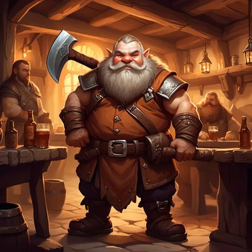 Prompt: dwarf character holding an axe in a tavern , fantasy character art, illustration, dnd, warm tone