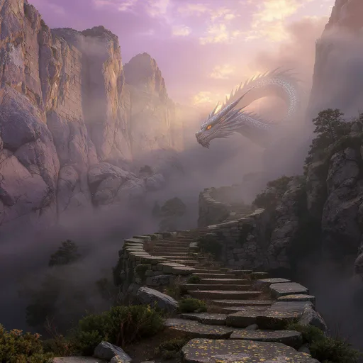 Prompt: Create a digital art scene of an ancient stone wall winding through misty mountains at sunrise, bathed in golden hues and soft purples. Above, a majestic dragon with shimmering scales emerges from the fog, its fierce eyes glowing with wisdom. The camera angle is low and dramatic, looking up at the dragon and wall, emphasizing their grandeur. The mood is mystical and reverent, with a color palette of gold, lavender, and deep green, evoking a sense of timeless protection and hidden power.
