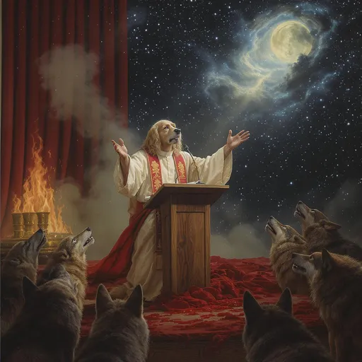 Prompt: Create a pastor dog preaching to a group of wolves. Crying the flesh and blood of Jesus 