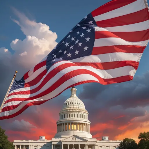 Prompt: Waving majestically against a backdrop of softly lit clouds, an American flag captures the essence of patriotism with its vibrant red, white, and blue colors, contrasting beautifully against the warm, golden tones of a summer sky. The flag appears to flutter gracefully in the gentle breeze, symbolizing freedom and celebration. Below the flag, bold text wishes viewers a "Happy 4th of July," accompanied by a friendly greeting from Capitol Roofing and Construction, adding a personal touch to the festive scene. The image encapsulates a warm, joyful spirit, reflecting the pride and camaraderie associated with Independence Day.