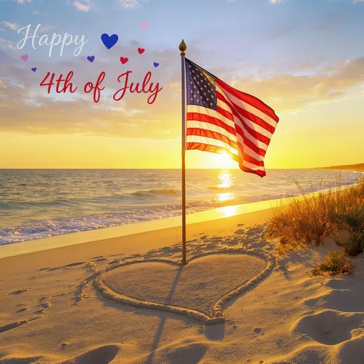 Prompt: A vibrant sunrise casts a warm golden glow over a serene beach scene, where a proudly waving American flag stands tall amidst soft textured white sands. Below the flag, a heart shape has been artistically carved into the sand, symbolizing love and unity. The gentle waves of the ocean reflect the soft hues of the sky, while the distant shoreline and beach grasses create a tranquil backdrop. The image captures a festive spirit, punctuated by the cheerful text reading, "Happy 4th of July," adorned with red and blue hearts, embodying a celebration of patriotism and joy.