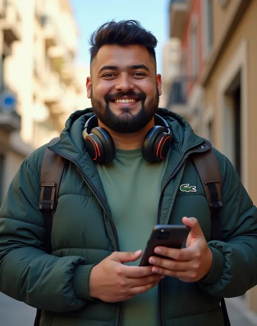 Prompt: full body shot front view of Photorealistic art style An Algerian young man vlogger, short black hair, warm brown eyes, chubby a bit fat build with a small beard, friendly expressive face, wearing a track suit Lacoste and headphones, holding a smartphone with a cigarette in his hand, dynamic casual pose, natural soft lighting, Algiers city background, vibrant colors, as realist as possible art style, ultra-detailed, waist-up portrait, 4K quality face to viewer, background is a suitable beautiful scene