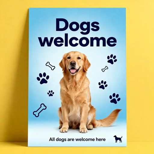 Prompt: High resolution A2 poster saying:
Dogs welcome