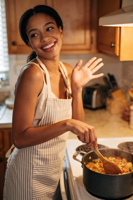 Prompt: beautiful young happy black African woman, open apron, photo realistic, in the kitchen making dinner as she flirts with me, photo realistic 