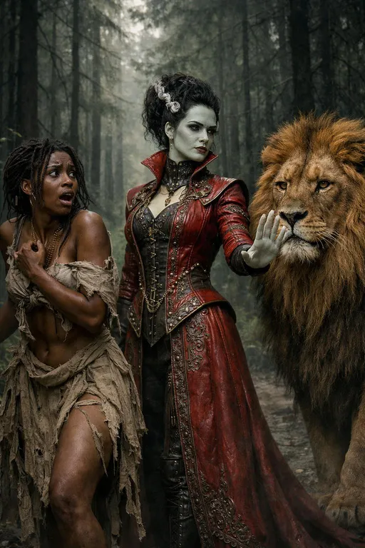 Prompt: This is a highly detailed CGI image depicting a dramatic scene set in a dense, misty forest. The central figures are a frightened black woman with dreadlocks, wearing a tattered, beige, ancient-style dress that reveals her midriff and part of her legs, and a pale green-skinned woman, Lady Frankenstein dressed in a long, red and gold leather Victorian steampunk costume with a high collar, and intricate silver embroidery. She is extending her right hand, palm out, towards a large, regal lion standing to her right. The lion has a golden-brown mane and a focused expression as it looks at the pale woman. The background is filled with tall, dark green trees and dense foliage, with a narrow, dirt path running through the center of the image. The lighting is dim, with sunlight filtering through the trees, creating a moody, eerie atmosphere. The pale woman's expression is calm and commanding, contrasting with the woman's terrified, wide-eyed expression. The textures in the image are highly realistic, from the roughness of the tattered dress to the detailed fur of the lion and the intricate patterns on the woman's clothing 