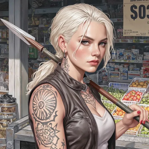 Prompt: Beautiful platinum blonde haired woman demon warrior with a long spear and tattoos on her body waiting in line for her groceries she is wearing a leather jacket and shirt 
