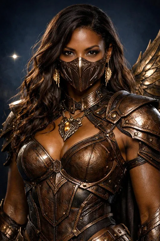 Prompt: This is a highly detailed, digital CGI artwork featuring a woman with a strong, muscular build and dark brown skin. She has long, wavy, dark brown hair that cascades over her shoulders. Her eyes are almond-shaped and she has a focused, determined expression. She is wearing a metallic, bronze-colored armor that covers her chest and face, with intricate designs and patterns. The armor includes a mask that covers her nose and mouth, leaving her eyes visible. Her armor has a textured, almost leather-like appearance with rivets and ornate embellishments. She is also adorned with gold, feather-like earrings and a large, ornate pendant that rests on her chest. She wears , bronze-colored armor, with the armor panels providing a sense of protection while also highlighting her physique. In the background, there is a dark, gradient blue backdrop that contrasts with her bronze armor, and a small, bright star-like light source on the left side. Golden, wing-like structures are partially visible behind her, adding a fantastical element to the image. The overall style is reminiscent of fantasy or sci-fi genres, with a focus on detailed, metallic textures and an otherworldly aesthetic.