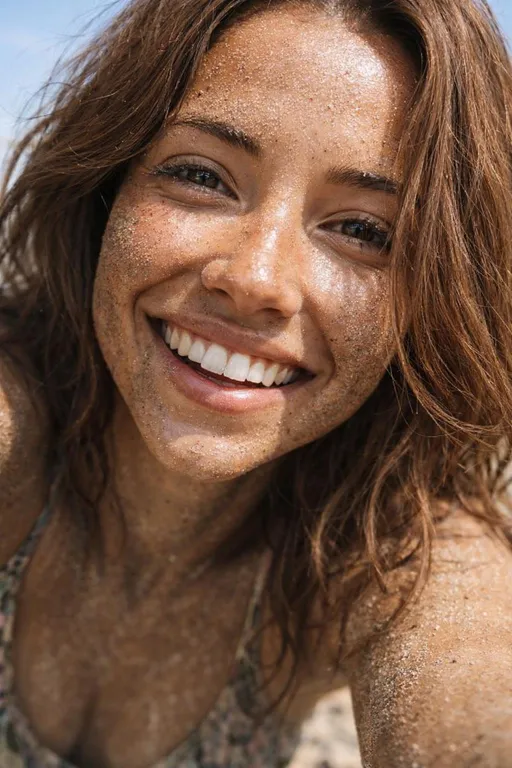 Prompt:  She’s dusty and sweaty sitting in the sun, leaning into  my face, photo realistic 