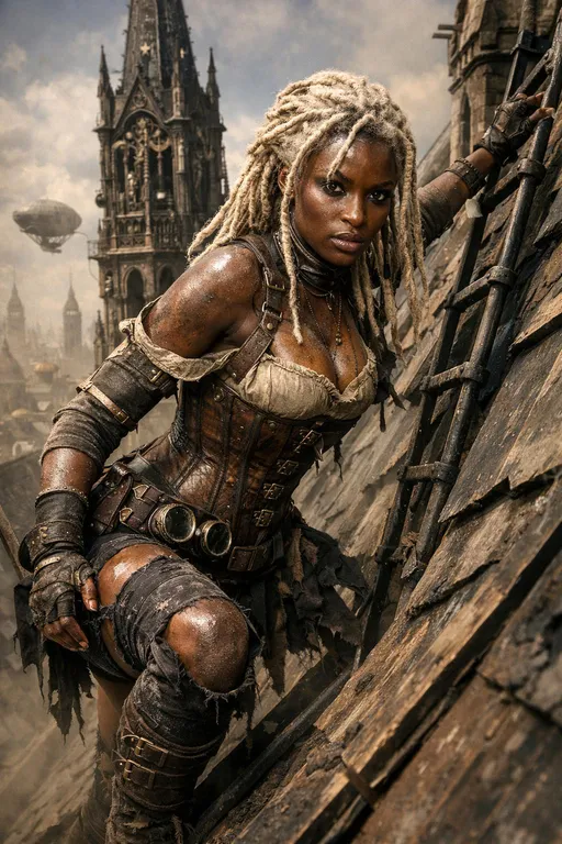 Prompt: hkboost, @Nijireol, @Hype4realistic, platinum blonde black African girl, dreadlocks, dusty and sweaty, corset, torn legwear, leather straps, Victorian steampunk, climbing a cathedral roof to a high tower 