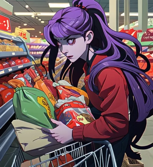 Prompt: Demon woman is grocery shopping 