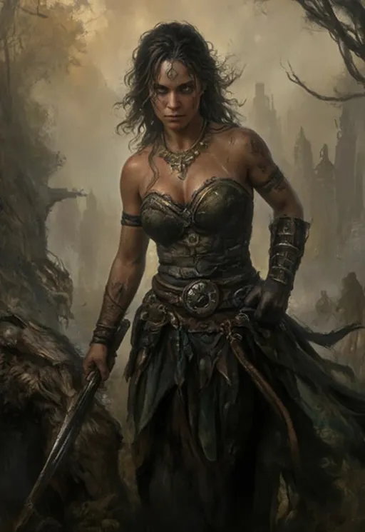 Prompt: Warrior woman is being stalked by an ogre 