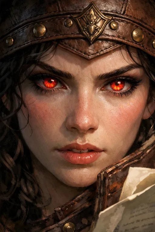Prompt: This is a highly detailed digital illustration in a semi-realistic, fantasy style. The image focuses on a close-up of a female character's face, showcasing her intense, fiery red eyes that dominate the composition. Her skin is pale with a subtle pinkish undertone, and she has dark, curly hair partially visible at the top left. Her eyebrows are thick and slightly arched, adding to her focused expression. She wears a brown leather headgear adorned with brass buttons and a central decorative emblem, which frames her face and adds a steampunk element. Her lips are slightly parted, revealing a hint of determination or concentration. The light source from the top left casts dramatic shadows, highlighting the textures of her skin and the leather. In the bottom right corner, a small portion of a white, parchment-like document is visible, suggesting she might be reading or studying. The background is dark, which contrasts with the bright red of her eyes and the warm tones of her headgear, drawing attention to her face. The overall mood is intense and focused, capturing a moment of deep concentration or resolve.