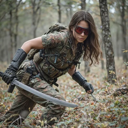 Prompt: Warrior woman is tracking a trail in the forest with her cyber senses 