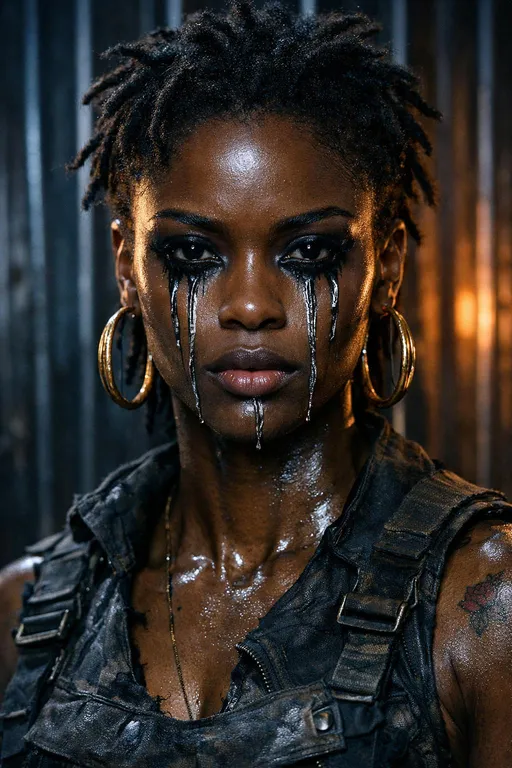 Prompt: This is a highly detailed, photorealistic CGI image of a young Black woman with a strikingly intense and dramatic appearance. She has dark brown skin that glistens under the light, highlighting her smooth texture. Her hair is styled in tight, short dreadlocks that stand out against the dark background. Her face is adorned with metallic, tear-like streaks that run from her eyes down to her chin, adding a cybernetic or post-apocalyptic feel to her look. She wears large, gold hoop earrings that contrast with her dark skin and the metallic streaks on her face.

Her outfit is a rugged, sleeveless top made of dark, textured fabric with visible straps and buckles, giving a militaristic or industrial vibe. A small tattoo of a red flower is visible on her right shoulder. The background features vertical metal bars illuminated by soft, blue and orange lights, creating a dramatic, almost prison-like atmosphere. The overall color palette is dark and moody, with deep blues and blacks dominating the scene, while the metallic streaks and gold earrings add a touch of brightness and contrast. The image evokes a sense of strength and resilience, with a futuristic or dystopian aesthetic.