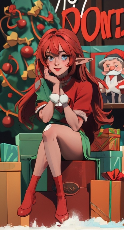 Prompt: Beautiful elfin Woman is having fun sitting on Santa’s knee at the office Christmas party 