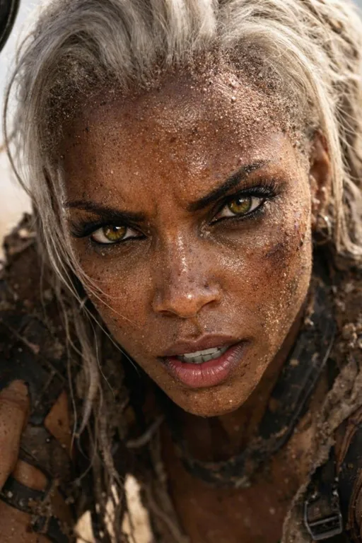 Prompt:  Storm, wrecked clothing, dusty and sweating in the sun, with some leather straps, leaning into  my face, photo realistic close up to my eyes 