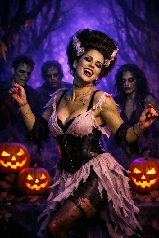 Prompt: Lady Frankenstein is dancing at the Halloween bash, is she enjoying herself, maybe. 

In the background, there are three zombie-like figures with greenish-gray skin and dark, wild hair, standing behind the main subject. The background is a dark, spooky forest with a purple and blue color scheme, adding to the eerie atmosphere. To the right and left of the central figure, there are three carved jack-o'-lanterns with glowing orange faces, adding a festive Halloween touch. The overall scene is illuminated by soft, purple lighting, enhancing the Halloween ambiance. The photograph captures a moment of dramatic, spooky energy, blending elements of horror and festivity.