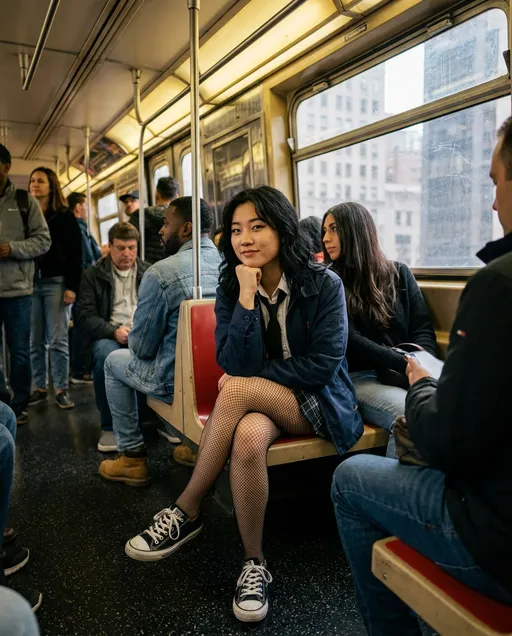Prompt: This photograph captures a young Asian woman sitting on a red vinyl seat inside a crowded subway train. She has medium-length, wavy black hair and is wearing a navy blue jacket over a white shirt with a black tie, paired with a short, patterned skirt. Her legs are crossed, showcasing black fishnet stockings and black-and-white sneakers. She rests her chin on her right hand, giving a slight, confident smile. The background reveals other passengers, mostly seated, including an African-American man in a blue jacket and a woman with long black hair in a black top. The subway car's interior features yellow overhead lights, metal poles, and large windows showing a blurred outdoor scene. The floor is speckled black, and the overall atmosphere is casual and urban. The woman's outfit and pose exude a mix of casual and slightly rebellious style, contrasting with the mundane setting of the subway. The photograph is sharp, with natural lighting enhancing the textures and colors of the scene.