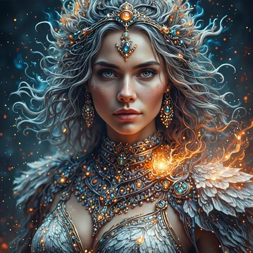 Prompt: In a mesmerizing blend of colors and light, a striking figure emerges, radiating power and elegance. The woman, with deep, expressive features and long, flowing hair, is adorned in intricate jewelry that catches glimmers of light, emphasizing her commanding presence. She cradles a vivid, fiery orb at her chest, illuminated in oranges and yellows, suggesting a profound inner energy. The backdrop swirls with dark hues contrasted by bright sparks, creating an ethereal atmosphere that evokes both mystery and strength. This dramatic scene captures a moment of potent magic, inviting viewers into a world of enchantment and wonder.