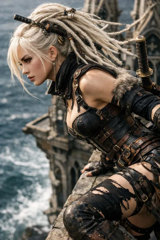 Prompt: hkboost, @Nijireol, @Hype4realistic, platinum blonde Japanese samurai girl, dreadlocks, corset, torn legwear, leather straps, Victorian steampunk, standing on a cathedral roof getting ready to dive into the sea, close up 
