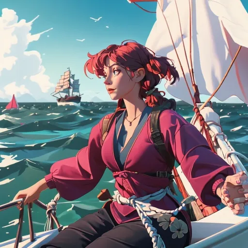 Prompt: Woman sailing a boat 