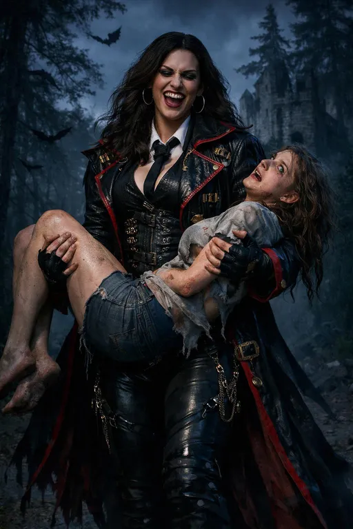 Prompt: This photograph captures a dark moment in a forest setting. The central figure is a tall woman with long, wavy dark brown hair, wearing a dramatic, black leather trench coat with red trim and gold accents. The coat has elaborate buckles and chains on the pants, adding a gothic, steampunk flair. She is also wearing a white dress shirt and a black tie, and she has large hoop earrings. Her expression is exuberant, with a wide smile revealing her sharp teeth. her black leather pants are tightly fitted, highlighting her muscular legs.

In her arms, she is carrying a young frightened woman with light brown, wavy hair. The woman is wearing wrecked t-shirt and shorts. The background features a dense forest with tall pine trees and a dirt path, it is night, there are bats flying around and an old ruined castle can be seen in the background. The question is whether or not the woman is being rescued or not?