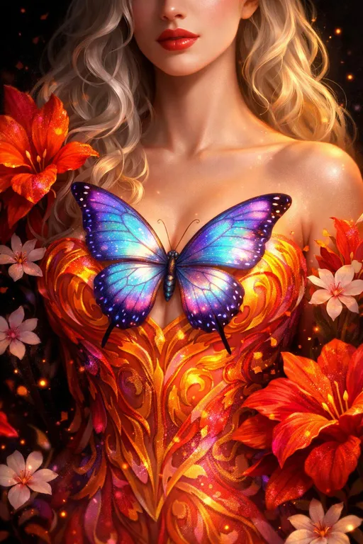 Prompt: This is a digital artwork depicting a surreal, fantasy scene. The central figure is a woman with a fair, smooth complexion and wavy, silvery-blonde hair that cascades down her back. She is shown from the shoulders to the midriff, with her face partially visible, showcasing full, red lips. She is wearing an intricately designed, strapless dress that is adorned with vibrant, swirling patterns in shades of orange, yellow, and pink. A large, luminous butterfly with iridescent blue and purple wings is perched on her chest, its delicate wings partially covering her cleavage. The background is dark, almost black, which contrasts with the bright, glowing colors of the butterfly and the woman's dress. Surrounding her are large, red and orange flowers with delicate petals, and smaller, white flowers with pink centers. The textures in the artwork are smooth and glossy, with a soft, ethereal glow that gives the scene a magical, dreamlike quality. The overall style is highly detailed and vibrant, with a focus on fantasy and surrealism. The composition and use of color create a visually striking and otherworldly image.
