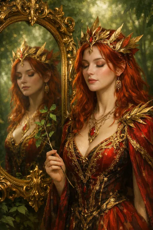 Prompt: This is a highly detailed, digital fantasy artwork depicting a fair-skinned, red-haired woman with an ethereal, otherworldly appearance. She stands in a lush, green forest, illuminated by soft, diffused light filtering through the trees. The woman is adorned in an elaborate, golden and red regal outfit with intricate patterns and a deep neckline. Her outfit is embellished with a large, ornate gemstone pendant that hangs from a golden chain around her neck. She wears a red and gold headdress with leaf-like extensions, adding to her mystical aura.

Her eyes are closed, and her expression is serene and introspective as she gazes at her reflection in a large, ornate gold-framed mirror to her left. The mirror's frame is highly detailed with swirling patterns and a glossy finish. In her right hand, she holds a delicate, thin branch with small, green leaves. Her skin has a subtle, shimmering glow, and her red hair is styled in loose waves. The background is a blur of green foliage, adding depth and a sense of being in a dense forest. The overall style of the artwork is realistic with a fantasy twist, characterized by meticulous attention to detail and a magical, enchanting atmosphere.