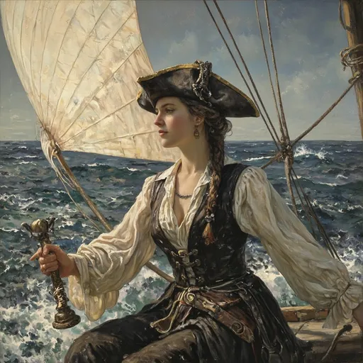 Prompt: Woman sailing off with a pirate 