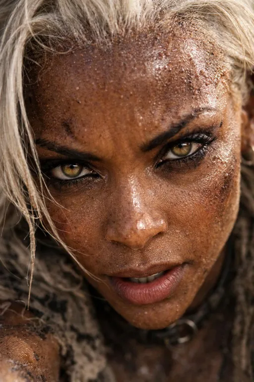 Prompt:  Storm, wrecked clothing, dusty and sweating in the sun, leaning into  my face, photo realistic close up to my eyes 