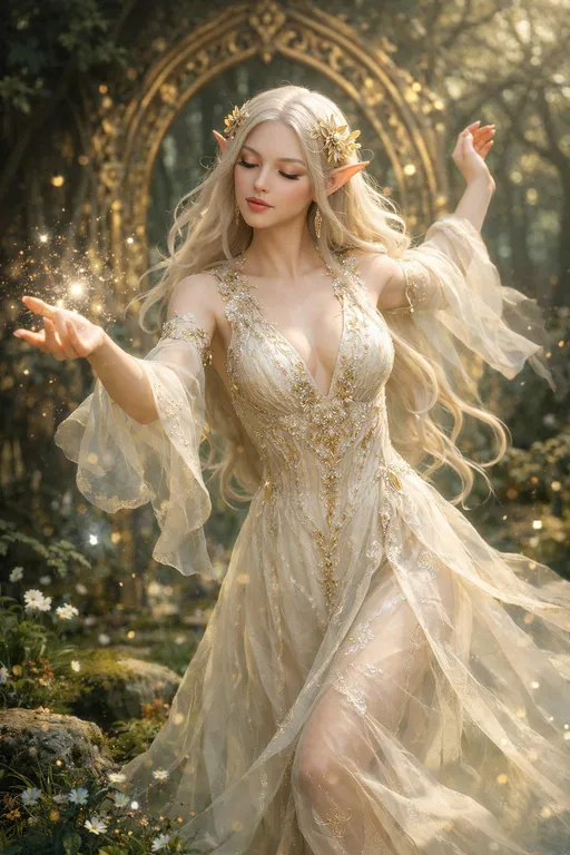 Prompt: This is a highly detailed, fantasy-style digital artwork depicting an ethereal, elven woman standing in a magical forest. The subject is a slender, fair-skinned woman with long, flowing platinum blonde hair adorned with delicate, golden floral headpieces. Her pointed ears and serene, slightly otherworldly expression enhance her elfin appearance. She is dressed in an exquisite, semi-transparent, ivory gown with intricate gold embroidery that flows gracefully around her. The gown has a deep V-neckline, revealing a modest cleavage, and the fabric appears to be made of a light, gauzy material that catches the soft, dappled light filtering through the forest canopy.

She stands in a dynamic pose with one arm extended forward and the other raised behind her, as if dancing or summoning magic. Her eyes are slightly closed, and her lips are softly parted. Behind her, an ornate, gold-framed archway is partially visible, glowing with a soft, magical light. The forest floor is covered in lush green moss and scattered with small, colorful wildflowers. The background is a blur of dark, dense trees, adding depth and mystery to the scene. The overall atmosphere is enchanting and otherworldly, evoking a sense of wonder and magic.