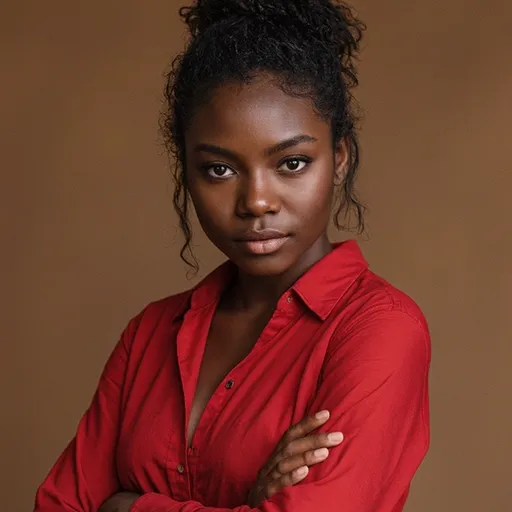 Prompt: Beautiful black African women  staring into the camera she’s wearing a red shirt 