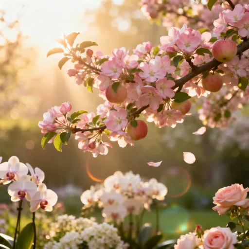 Prompt: A lush branch of pink apple blossoms, which is gracefully connected to a larger, softly blurred apple tree branch or trunk in the background. The main branch extends slightly outward, as if gently reaching toward the light. The blossoms appear full and abundant, caught mid-bloom. A few soft petals drift through the air around it, as though lifted by a light breeze.

Behind the apple blossoms, soft clusters of island orchid and drift rose are gently visible in the mid-ground — softly blurred but clearly present, adding layered texture and color without overpowering the apple blossoms.

The background is a dreamy, softly blurred spring garden glowing with warm golden hour sunlight. Sunbeams filter through the foliage, creating soft flares and glowing edges on the petals.

Lighting: warm golden sunlight, softly backlit, with a natural halo glow around the blossoms.
Depth of field: shallow — apple blossom branch in crisp focus, orchids and roses softly visible in the mid-ground, background blurred with creamy bokeh.
Atmosphere: romantic, airy, and natural (no sparkles or fairy dust).
Color palette: blush pink, soft greens, warm gold, creamy whites, soft rose tones.
Mood: ethereal, enchanting, elegant.
Shot type: medium-close shot, slightly upward angle to emphasize the anchored branch and glowing light.