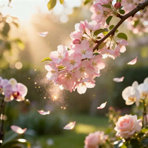 Prompt: A lush cluster of delicate pink apple blossoms attached to a slender, natural branch, floating gently in midair. The branch is partially visible, with the blossoms appearing full and abundant, as if caught mid-bloom. Soft petals drift through the air around it, as though lifted by a light breeze.

The background is a dreamy, softly blurred enchanted garden glowing with warm golden hour sunlight. Sunbeams filter through leaves, creating soft flares and glowing edges on the petals. Subtle hints of island orchid and drift rose appear in the softly blurred background, but remain understated and atmospheric.

Lighting: warm golden sunlight, softly backlit, with a gentle halo glow around the blossoms.
Depth of field: shallow — blossoms and part of the branch in crisp focus, background softly blurred with creamy bokeh.
Atmosphere: magical and romantic with floating pollen or shimmering light particles in the air.
Color palette: blush pink, soft greens, warm gold, creamy whites.
Mood: ethereal, enchanting, airy.
Shot type: medium-close shot, slightly upward angle to emphasize the floating branch and glowing light.